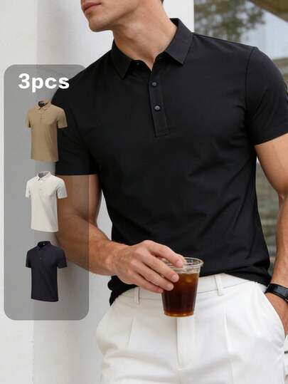 3pcs/Set Men's Solid Color Short Sleeve Casual Commuting Seamless Breathable Polo Shirts, Summer
