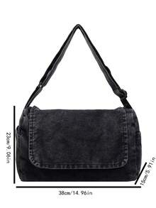 复古美式极简水洗厚款深灰色帆布包，多功能大容量斜挎包，休闲大学生单肩包，可折叠拉链翻盖手提包，街头风斜挎包 - 深灰色 - 查看 2