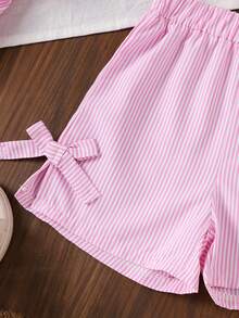 2件套 女童甜美条纹蝴蝶结无袖上衣和蝴蝶结短裤套装，夏季 - 粉色 - 查看 7