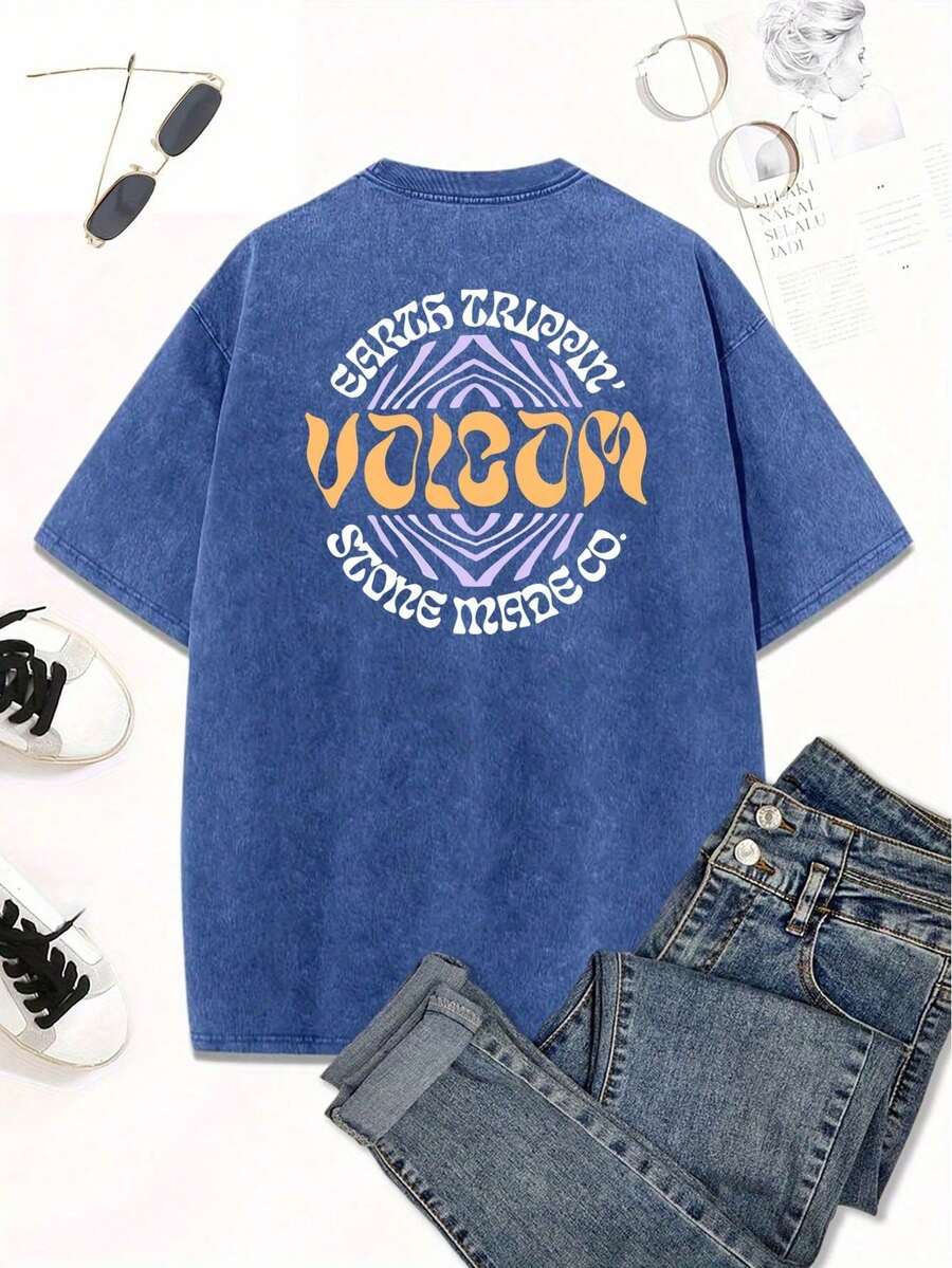 Stonewashed Basic Comfortable T-Shirt For Everyday Wear, Sizes PP To GG, Volcom Art Streetwear Urban Culture Street Fashion Street Graffiti Skater Skateboard Shirt Blouse Unisex Men's Women's 100% Cotton Top Premium Streetwear New Release Immediate Shipping Various Colors!! Plus Size - Màu xanh lam - Xem 1