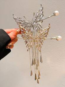 镂空蝴蝶风铃流苏珍珠发夹，优雅精致的发饰 - 彩色 - 查看 2