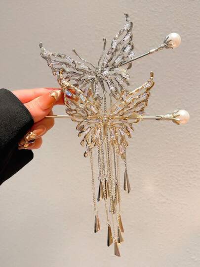 Hollow Butterfly Wind Chime Tassel Pearl Hair Clip, Elegant & Refined Hair Accessory