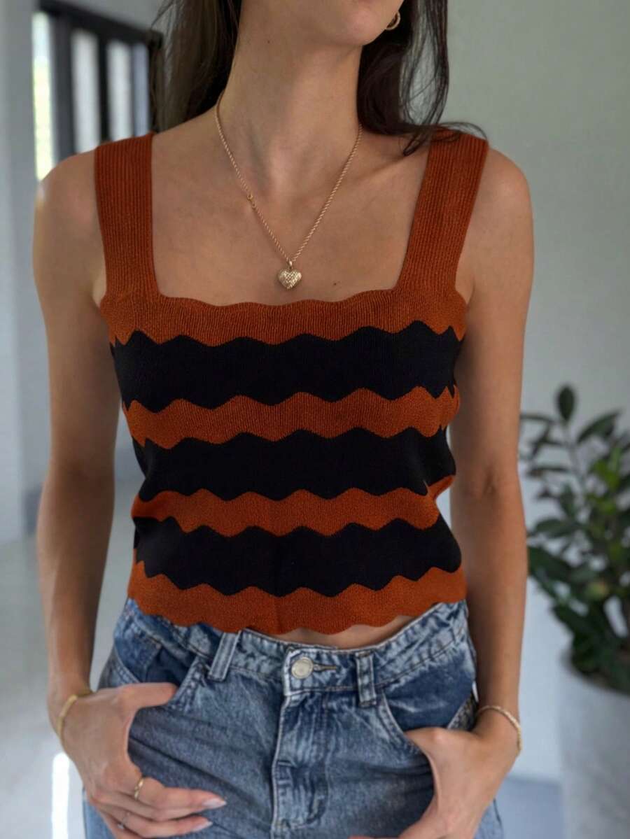 TOP SQUARE WAVES SUMMER KNIT MODAL NEW COLLECTION - 鐵鏽色與黑色 - 查看 1