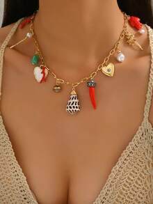 1 chiếc vòng cổ mặt dây chuyền hình ớt và trái tim phong cách Bohemian, vòng cổ thường ngày đa năng cho kỳ nghỉ hè với thiết kế bắt mắt mang hơi hướng đại dương. - Nhiều màu - Xem 1