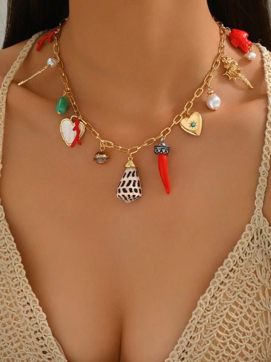 1 chiếc vòng cổ mặt dây chuyền hình ớt và trái tim phong cách Bohemian, vòng cổ thường ngày đa năng cho kỳ nghỉ hè với thiết kế bắt mắt mang hơi hướng đại dương. - Nhiều màu - Xem 1