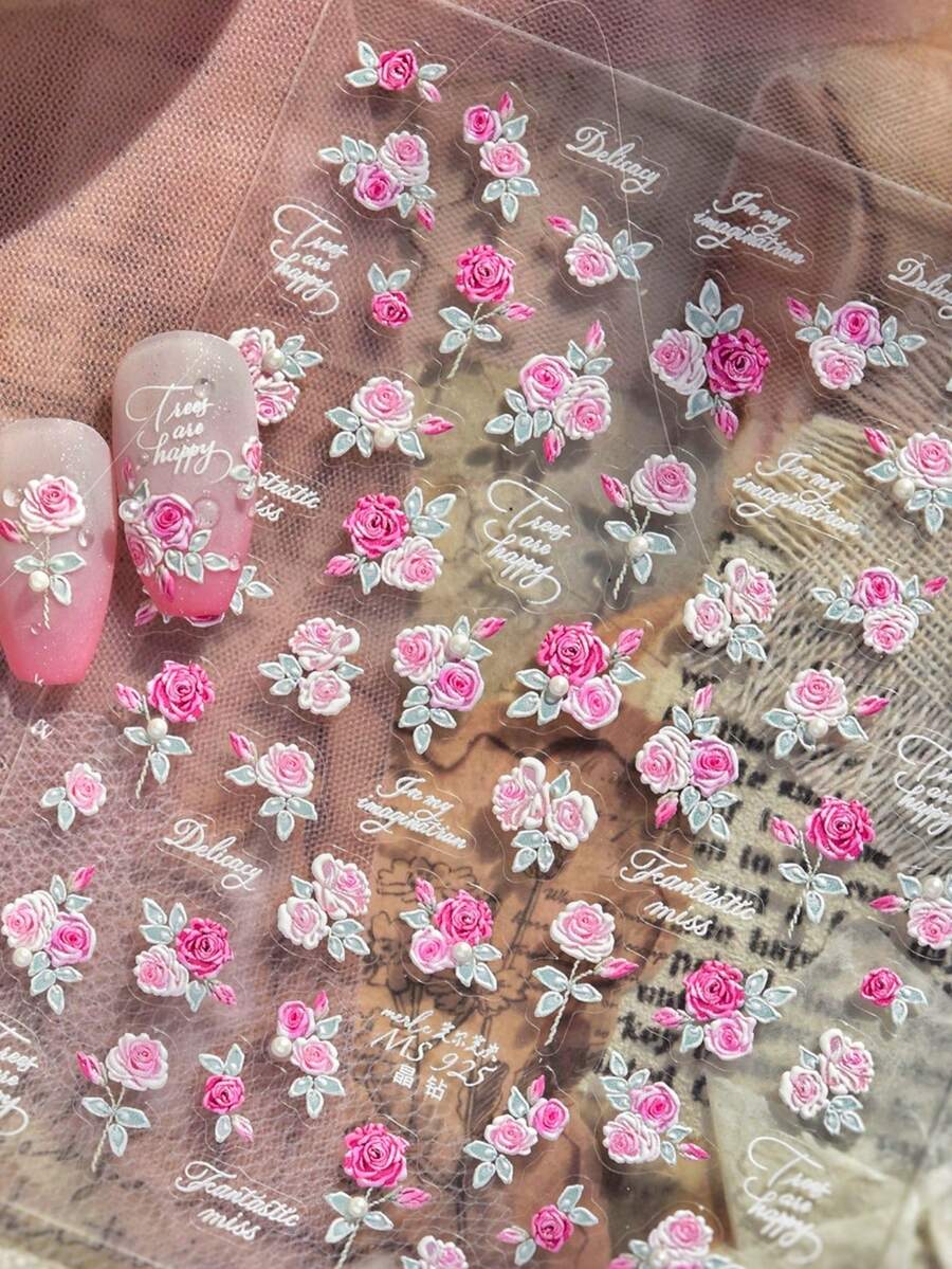 1片粉色玫瑰珍珠浪漫花园玫瑰盛开花瓣5D优雅花卉美甲贴纸，女士自粘美甲装饰贴纸 - 彩色 - 查看 1