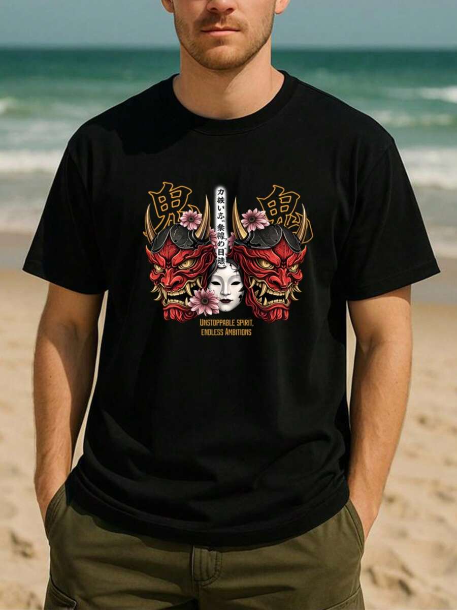 Camiseta de moda estilo oscuro japonés con máscara Prajna y cara de geisha, adecuada para deportes al aire libre, ropa casual de fin de semana, muy versátil para entrenamiento físico, top de cuello redondo - Negro - Ver 1