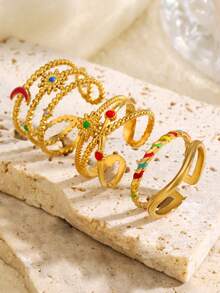 3pcs 18K Gold Plated Stainless Steel Vintage Geometric Line Star Moon Sun Ring Set, Elegant & Fashionable, Suitable For Women Daily, Festival, Friends Gathering, Couple Dating, Holiday Wear - Multicolor - View 2