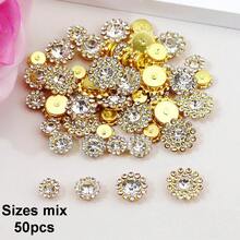 50 piezas/paquete, 8mm, 10mm, 12mm, 14mm, modelos mixtos, brillantes cristales de rhinestones con diseño de flor, base dorada, cristales de rhinestones brillantes adhesivos planos DIY para coser - multicolor - Ver 67
