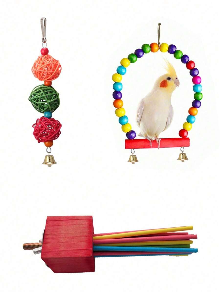 3pcs Chewable Paper Party Bird Toys With Colorful Lollipop Sticks - Suitable For Cockatiel, Medium Conures, And Quaker Parrots - For Chewing Enthusiasts - Enrichment Toys For Medium To Large Birds, Parrot Swing Toys, Parrot Cage Toys With Hanging Bells - Multicolor - View 1