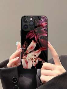 1pc Elegant Lily Flower Pattern Glass Material Phone Case, High-End Atmospheric, Compatible With IPhone, Tempered Glass Material - Black - View 4