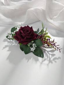 1pc/6pcs Burgundy Rose Flower With Faux Green Leaves, Romantic Boutonniere Suitable For Groom, Groomsmen, Bride, Bridesmaids, Wedding, Anniversary, Banquet - Burgundy - View 4