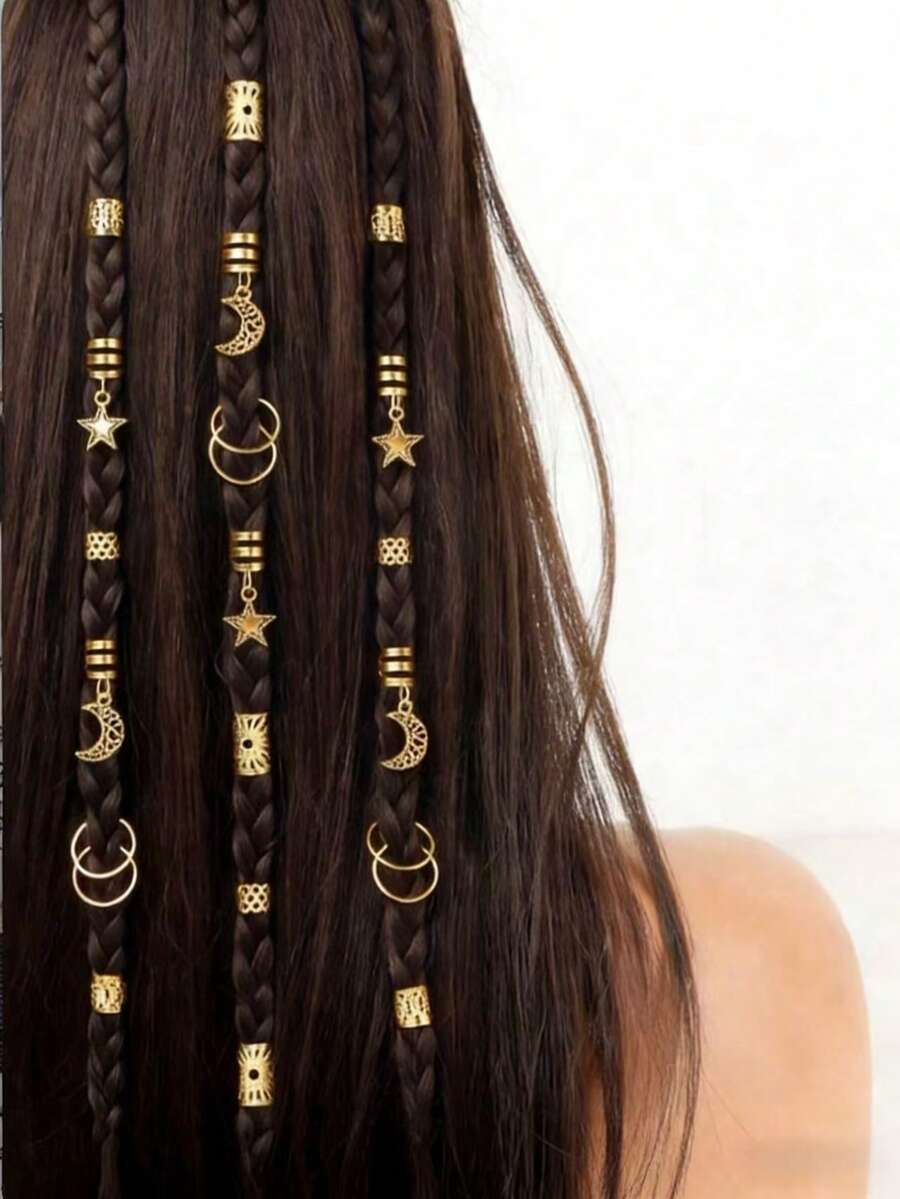 46pcs Women's Braided Hair Rings, Moon & Star Braided Hair Clips, Fashionable & Unique Hair Accessories