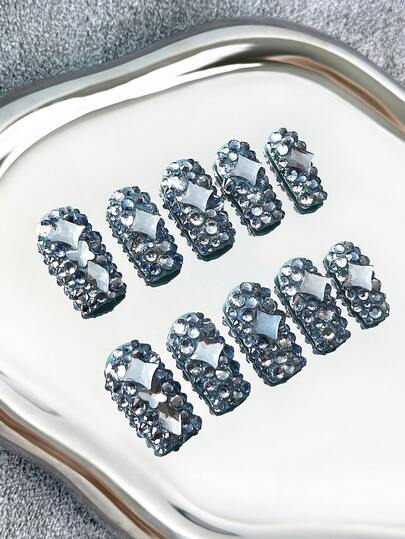 Y2K Style Square Handmade Nail Stickers, With Transparent Nail Tips, Light Blue Rhinestones And Shiny 3D Design, Full Coverage Glitter Artificial Nails, Suitable For Party, Outdoor, Beach, Daily, Holiday, Gathering, Work And Special Occasions, 10pcs/Pack