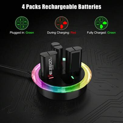 4pcs 600mAh Rechargeable Batteries With 5-Hour Fast Charging, 25-Hour Long Lasting Battery Life, RGB Lighting, Overcharge Protection, Compatible With Xbox One/S/X/Elite/Series X/S Controllers