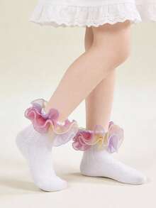 1 đôi tất ngắn bằng cotton viền ren cho trẻ em, tất ren lưới mềm mại cho bé gái, tất công chúa dễ thương để nhảy múa. - trắng - Xem 4