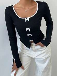 Blusa de mujer Camiseta básica de mujer con mangas campana y lazo estilo ins, nuevo modelo con escote cuadrado, versátil, ajustada y favorecedora - Negro - Ver 4