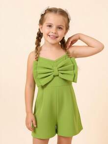Young Girls Casual Bowknot Decorated Strap Romper - Green - View 8