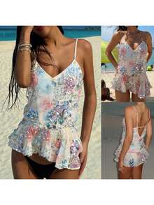Camiseta de tirantes finos con cuello en V, estampado floral y detalles de lentejuelas para mujer, para uso casual - Rosa - Ver 5