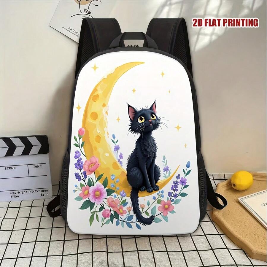 1 Piece Starry Sky Cat Moon Backpack - Fantasy Black Cat And Crescent Flower Design, Lightweight Adjustable Shoulder Straps, Zipper Closure, Hand Washable Polyester Material Daily Commuting Travel Bag, Multifunctional Portable Bag, Fun Aesthetics, Durable Structure, Fashion Accessories, Creative Professionals, Casual Carry, Sturdy Construction,  Style, Exclusive For Fashion Enthusiasts, 2D Flat - 時尚包 - 查看 1