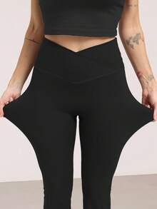 RUNONWHEELS 5 High Waist Flare Yoga Pants, Women Butt Lifting Tight Leggings, Women High Waist Criss-Cross Flare Tight Pants - Black - View 4