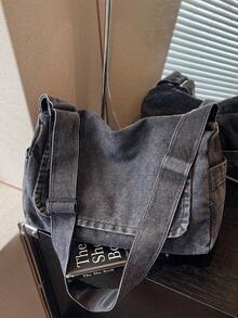 复古美式极简水洗厚款深灰色帆布包，多功能大容量斜挎包，休闲大学生单肩包，可折叠拉链翻盖手提包，街头风斜挎包 - 深灰色 - 查看 4