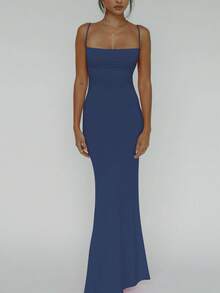 女士纯色开衩修身露背性感优雅连衣裙，适合春夏夜晚外出、派对、夜店、度假、海滩休闲穿着。