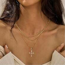 Fashionable Multi-Layer Necklace With Cross Pendant, Stylish Design, Suitable For Parties, Banquets, And Valentine's Day Gifts - Gold - View 1