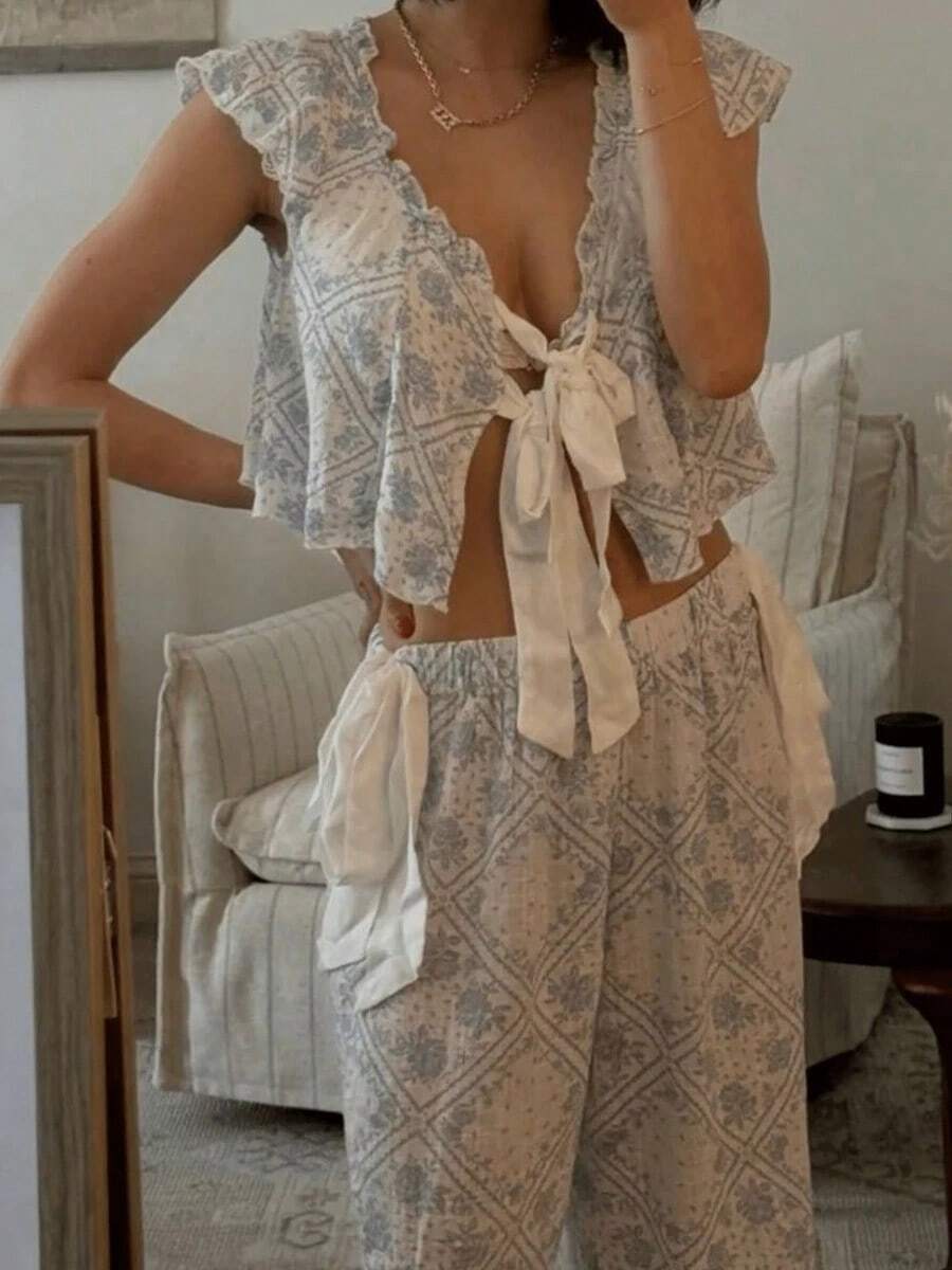 2 Piece Women's Floral Pajamas Sets Tie Front Fly Sleeves Crop Tops And Elastic Waist Wide Leg Pants Sets Lounge Outfits Sleepwear Homewear - Màu xanh lam - Xem 1