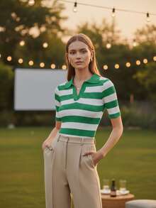 Women's Casual Striped Rib-Knit Polo T-Shirt Regular Fit Short Sleeve High Stretch Fabric Top - Green - View 2