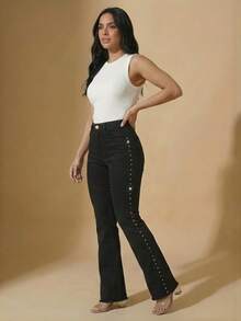 Women's Black Flare Jeans With High-Waisted Butt-Lifting Effect And Rhinestone Detail. - Side Rhinestones - View 3