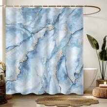 Minimalistyczny zestaw zasłon prysznicowych z marmuru w kolorze niebieskim i złotym (1 szt./3 szt./4 szt.), zestaw mat podłogowych z poduszką na deskę sedesową, minimalistyczna zasłona prysznicowa z nadrukiem marmurowym, idealna do dekoracji łazienki, uniwersalna dekoracja pokoju, zestaw dekoracji wnętrz, akcesoria łazienkowe, zasłona do wanny, zestaw zasłon prysznicowych z poduszką na deskę sedesową - Niebieski - Zobacz 2