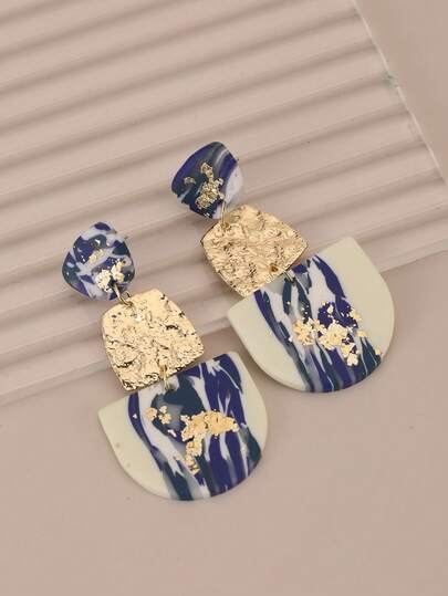 1 Pair Handmade Soft Clay Geometric Patchwork Faux Marble Foil Decor Long Earrings For Women, Fashionable Everyday Wear