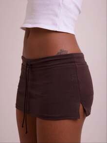 Women Y2k Mini Bodycon Skirt Solid Low Rise Drawstring Short Straight Skirts  Summer Going Out Streetwear - Brown - View 5