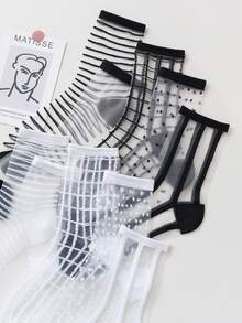 5双装（随机款式）女士时尚黑白波点条纹透明网眼中筒袜，轻薄透气，适合春夏日常穿着 - 黑與白 - 查看 2