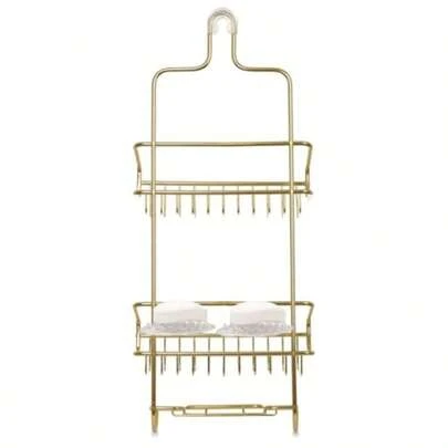 Cesta de ducha - Estantes organizadores de ducha antioxidantes con ganchos para champú, acondicionador, jabón, esponja de baño - Cesta dorada + Portajabón