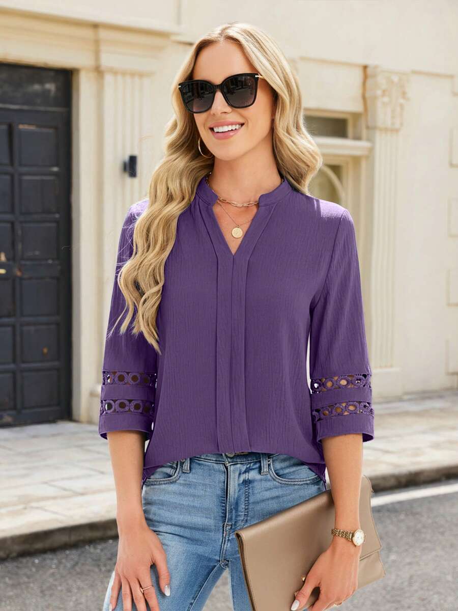 3/4 Length Sleeve Womens Tops V Neck Dressy Casual Blouses Lace Tunic Pleated Shirts Business Casual Outfits 2026 Designed With A Stand Collar V-Neck, Front Pleats And 3/4 Sleeves Featuring Hollow-Out Cuffs - 紫色 - 查看 1
