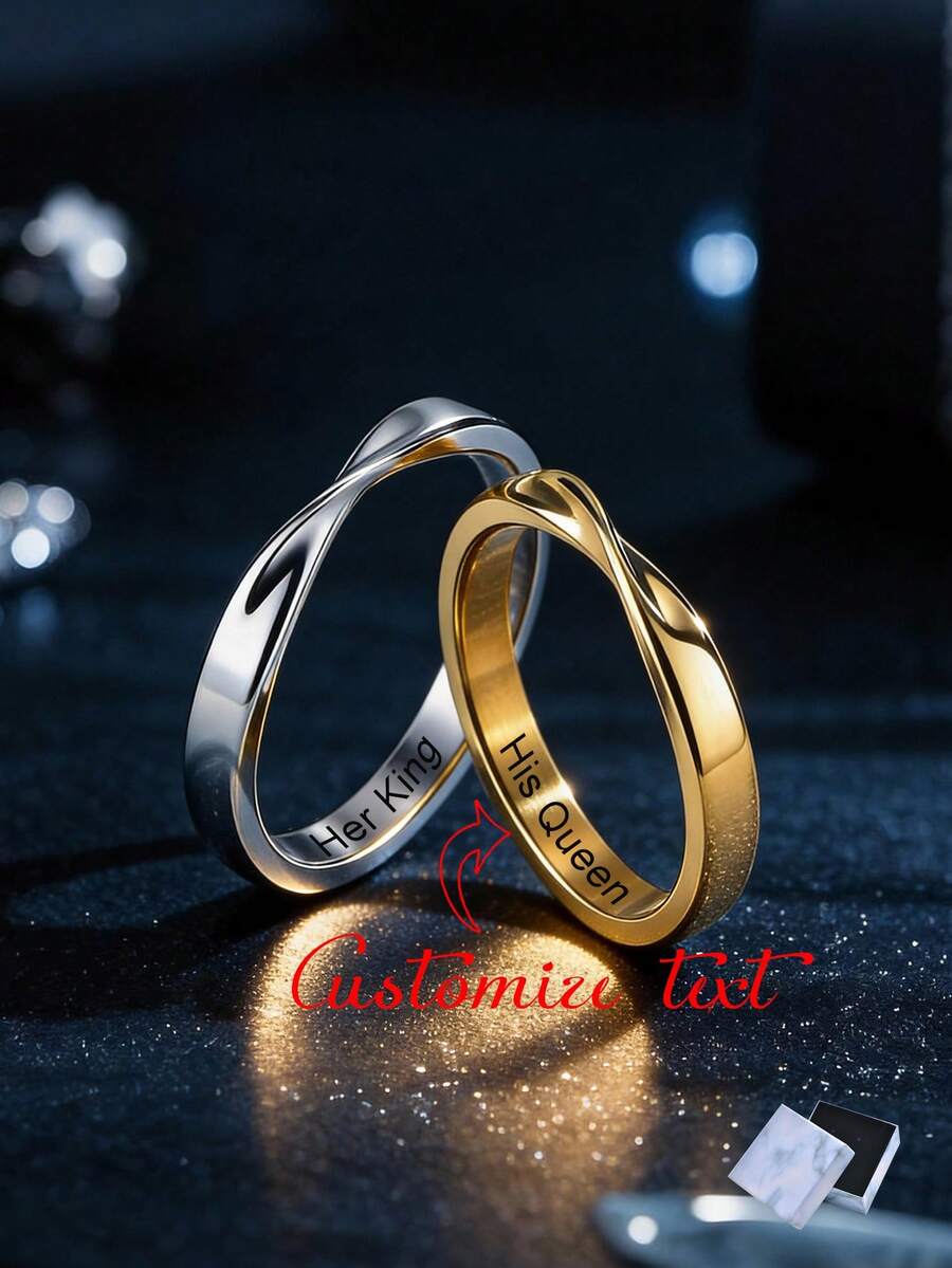 两枚/套个性化不锈钢情侣戒指，可定制刻字及日期，周年纪念礼物，珠宝首饰，送给女友、闺蜜的理想之选，休闲经典，简约独特，适合周年纪念、生日、日常佩戴、舞会、母亲节、情人节、毕业典礼、婚礼等场合。 - 彩色 - 查看 1