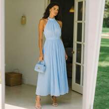 纯色优雅褶裥露背拉链婚纱派对夏季礼服 - 藍色 - 查看 2