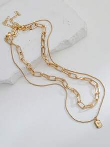 Nooxian 2pcs Gold-Tone Multi-Layer Chic Versatile Rectangular Copper Micro-Inlaid Zirconia Necklace Set, Suitable For Daily Wear And Festivals, Gift - Yellow Gold - View 4