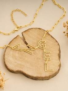 1pc Personalized Nameplate Necklace, Can Customize 1-12 Letter Name, Standard Y-Shape Nameplate Necklace, Enhance Personal Style Jewelry Gift, Gold-Plated Name Necklace - Hollow Font - View 2