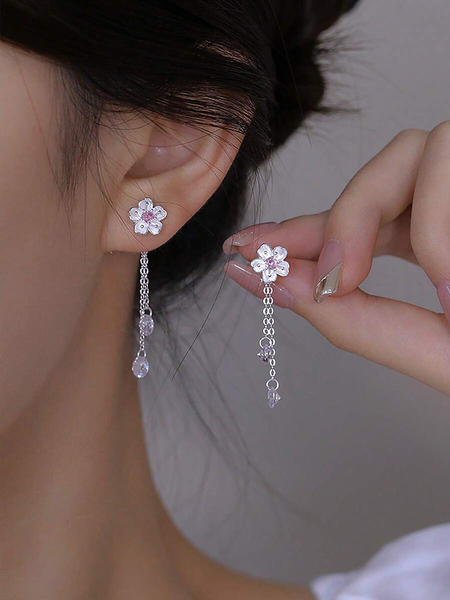 1 Đôi bông tai bạc S925 đính đá Zirconia hình hoa anh đào đơn giản, kiểu dáng thanh lịch, dài, có tua rua, thích hợp cho nữ, kiểu dáng trang sức đi làm hàng ngày. - hoa - Xem 1