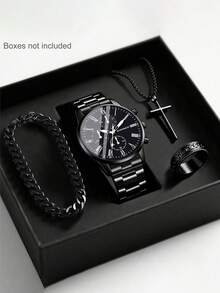 4件套男童时尚商务休闲指针石英表，适合男孩佩戴，配有时尚手链、吊坠项链和戒指套装，适合作为男孩生日/节日礼物，也适合学生佩戴，非常适合返校、聚会和旅行等日常生活场合。毕业季、斋月、情人节也是送给男孩的完美礼物。 - 彩色 - 查看 3