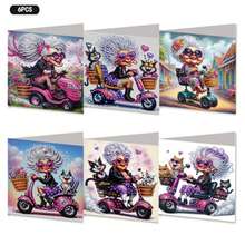 6pcs Creative & Fashionable Grandma Riding Themed Diamond Painting Greeting Card Set, DIY Diamond Painting Greeting Cards, Handmade Postcards, High-Quality Craft Paper Materials, Unique Artistic Style Conveying Vitality And Sincerity, Suitable For Mother's Day, Birthday, Sisters Gathering Invitations (Including 6 Envelopes) - Multicolor - View 2