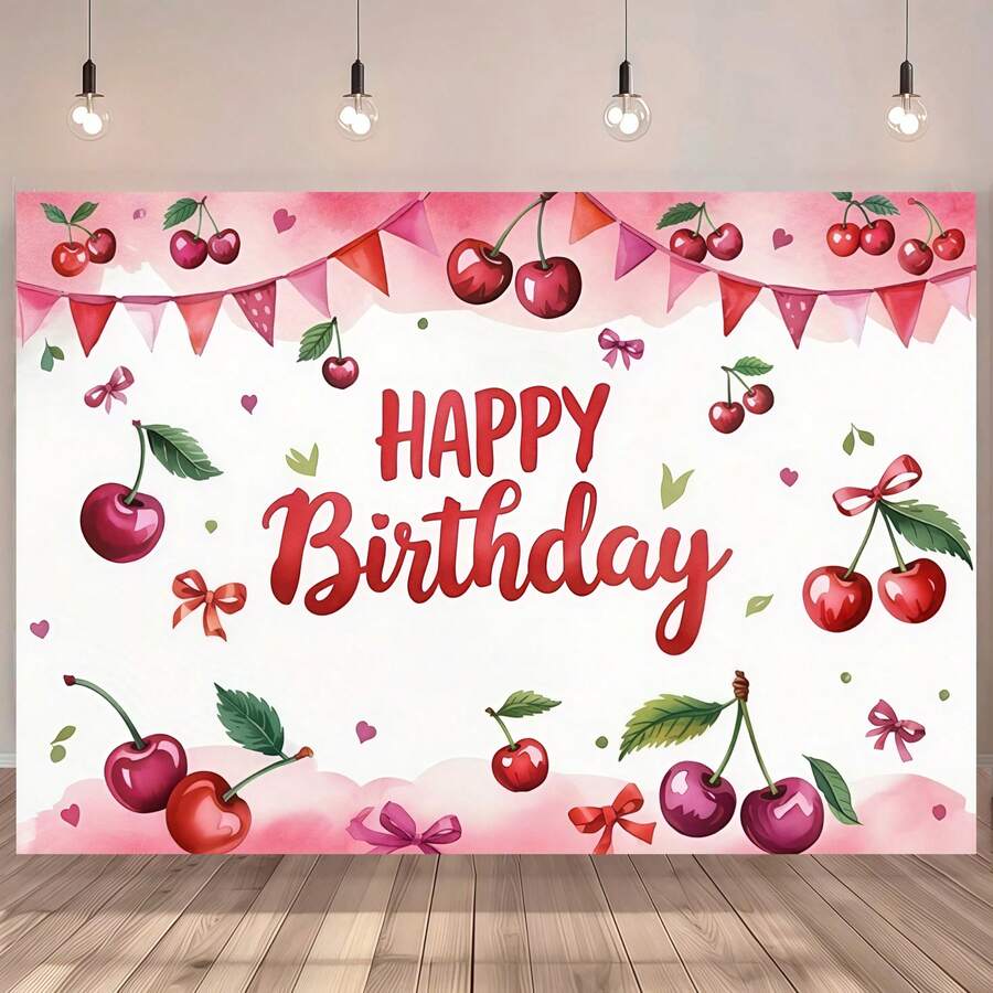1pc Cherry Theme Pink Birthday Party Banner, Cherry & Ribbon Design, Suitable For Family Events, Weddings, Christenings And Festivals, Indoor/Outdoor Use, Party Decor, Birthday Party Decorations - Multicolor - View 1