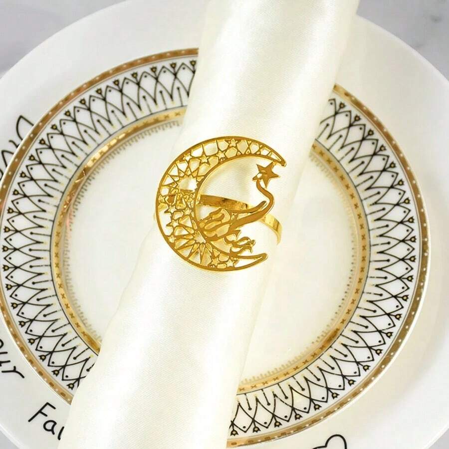 1PC/4PCS Napkin Rings, Al-Fitr Metal Hollow Star & Moon Design Napkin Rings, Napkin Rings For Family Gathering Dinner Table Decoration - Multicolor - View 1