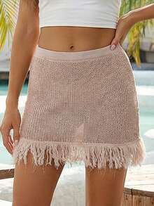 Women Y2k Fringe Knit Mini Skirts Boho Bodycon Low Waist Going Out Crochet Tassel Short Skirt - 卡其色 - 查看 5