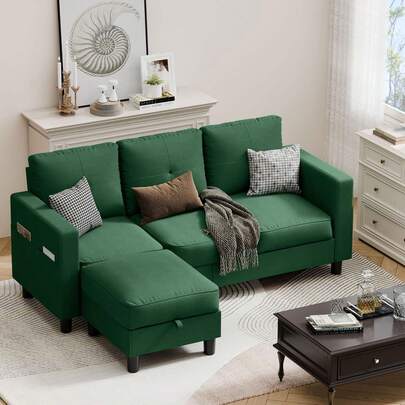 Sofás seccionales convertibles para sala de estar, sofá en forma de L, juego de sofá modular de 3 asientos con tela de poliéster y sofá otomano movible para apartamentos, oficina (gris oscuro)