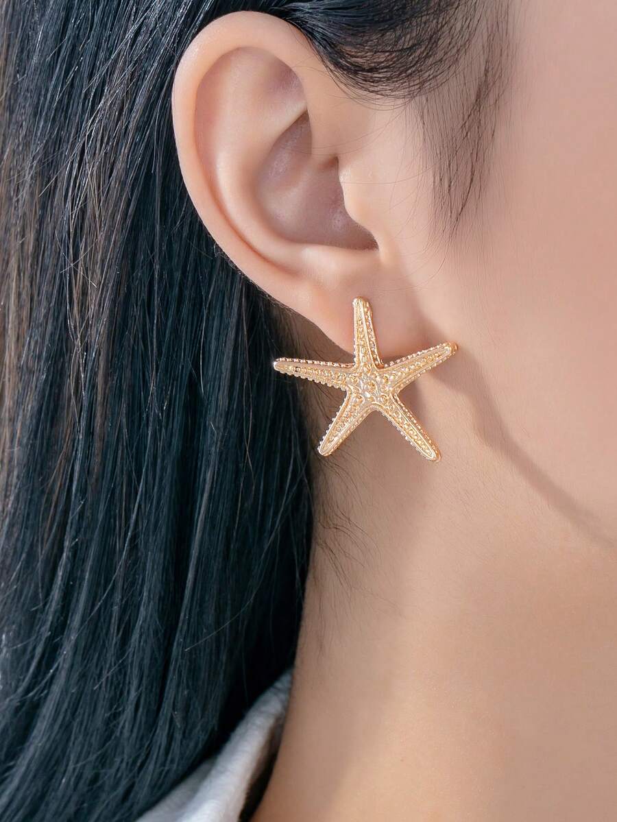 1 Pair Alloy Starfish Shaped Earrings, Suitable For Daily Commute, Beach Vacation, Party And Gathering - Yellow Gold - View 1