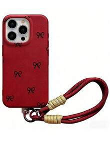 1pc Burgundy Bow Pattern Fashion New TPU Leather Texture Lanyard Phone Case, Burgundy Bow Pattern With Fashion Lanyard, Suitable Compatible With Apple 17promax/16promax/13/15/16/15proamx/17pro/14/11, Fashion Leather Texture Lanyard Phone Protective Case